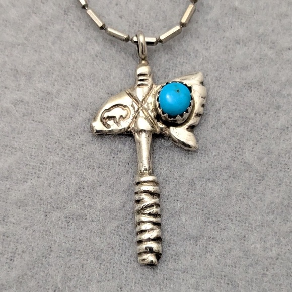 Native American Tomahawk Sterling Silver Necklace Genuine Turquoise & Buffalo - Picture 1 of 5